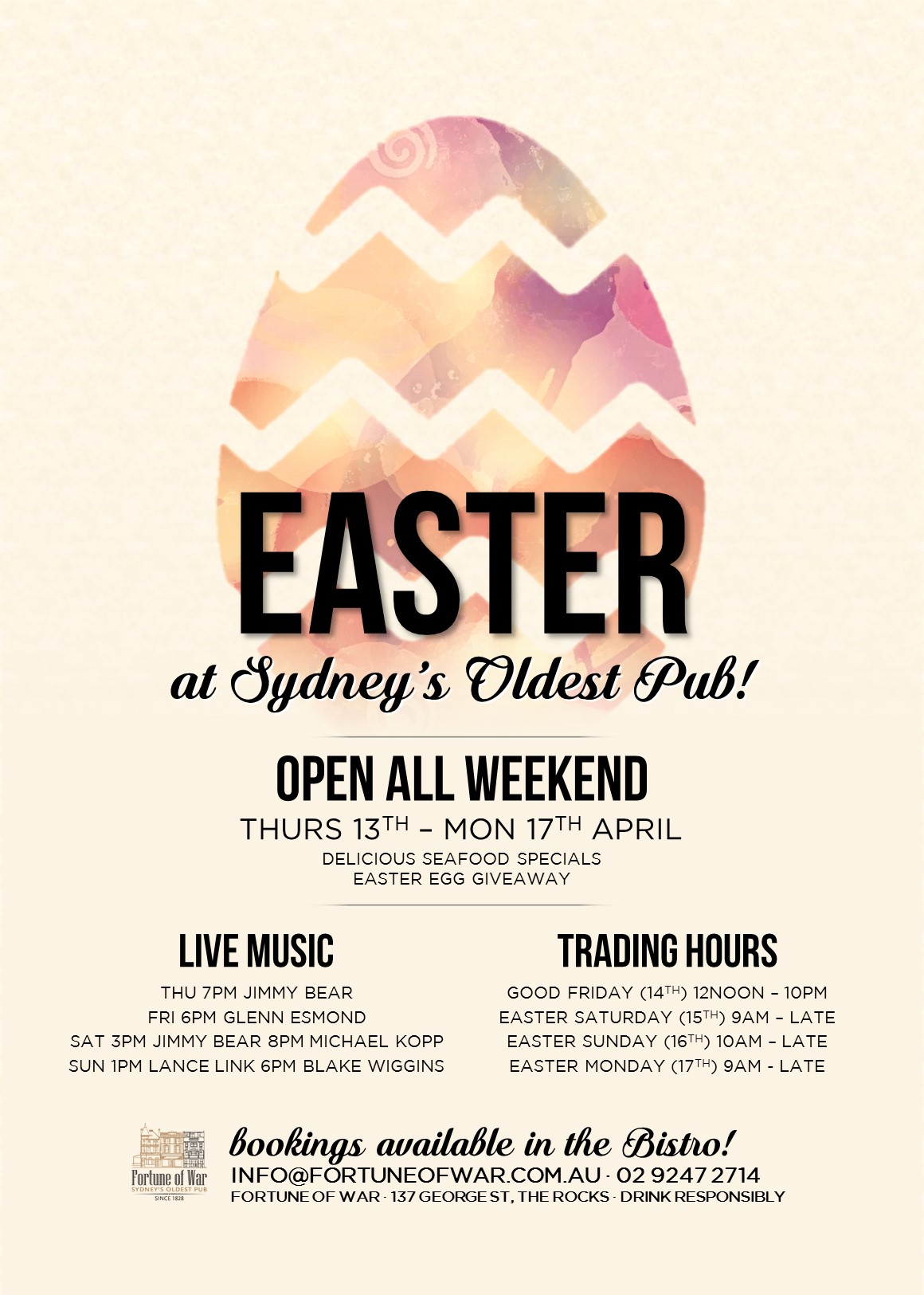 Fortune of War Easter Weekend Sydney Pubs